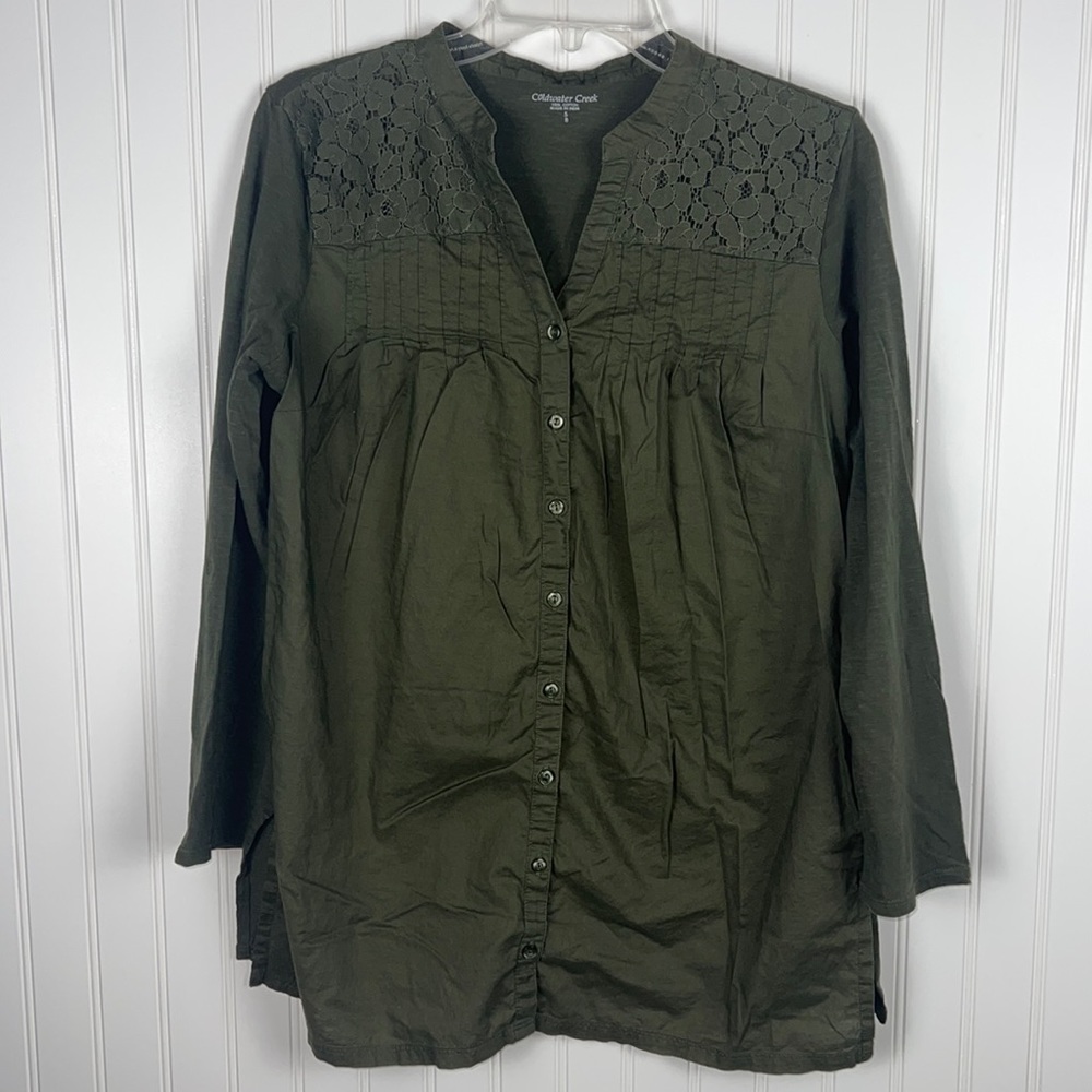 Coldwater Creek Olive Green Roll Sleeve Button Down Top Size S 8